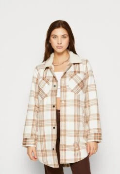 Hollister Co. Sherpa Long Shacket - Halflange Jas - Tan Plaid