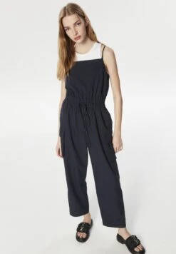 Twist Relaxed Fit Elastic Waist Jumpsuit With Cargo Pockets - Jumpsuit - Navy